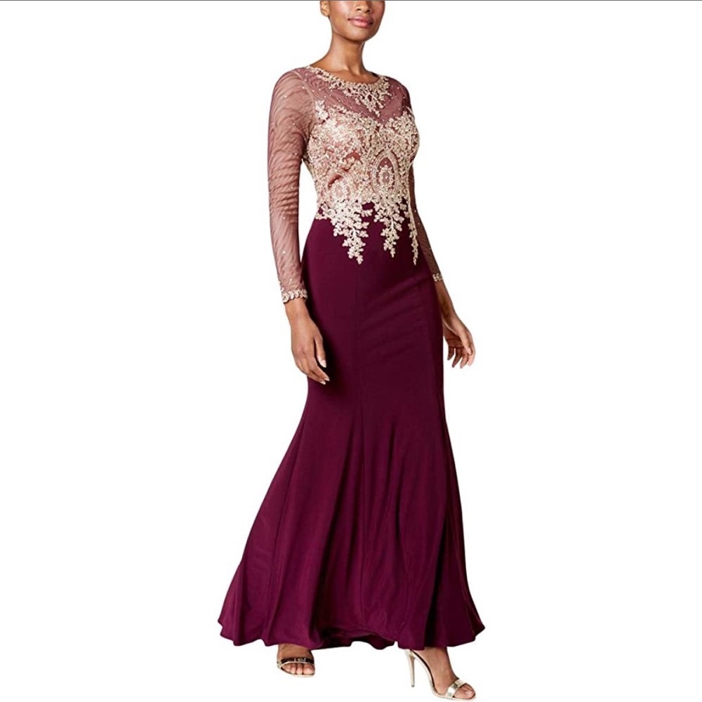 Women's Long Gown with Emb/Bead Top and Illusion Sleeves